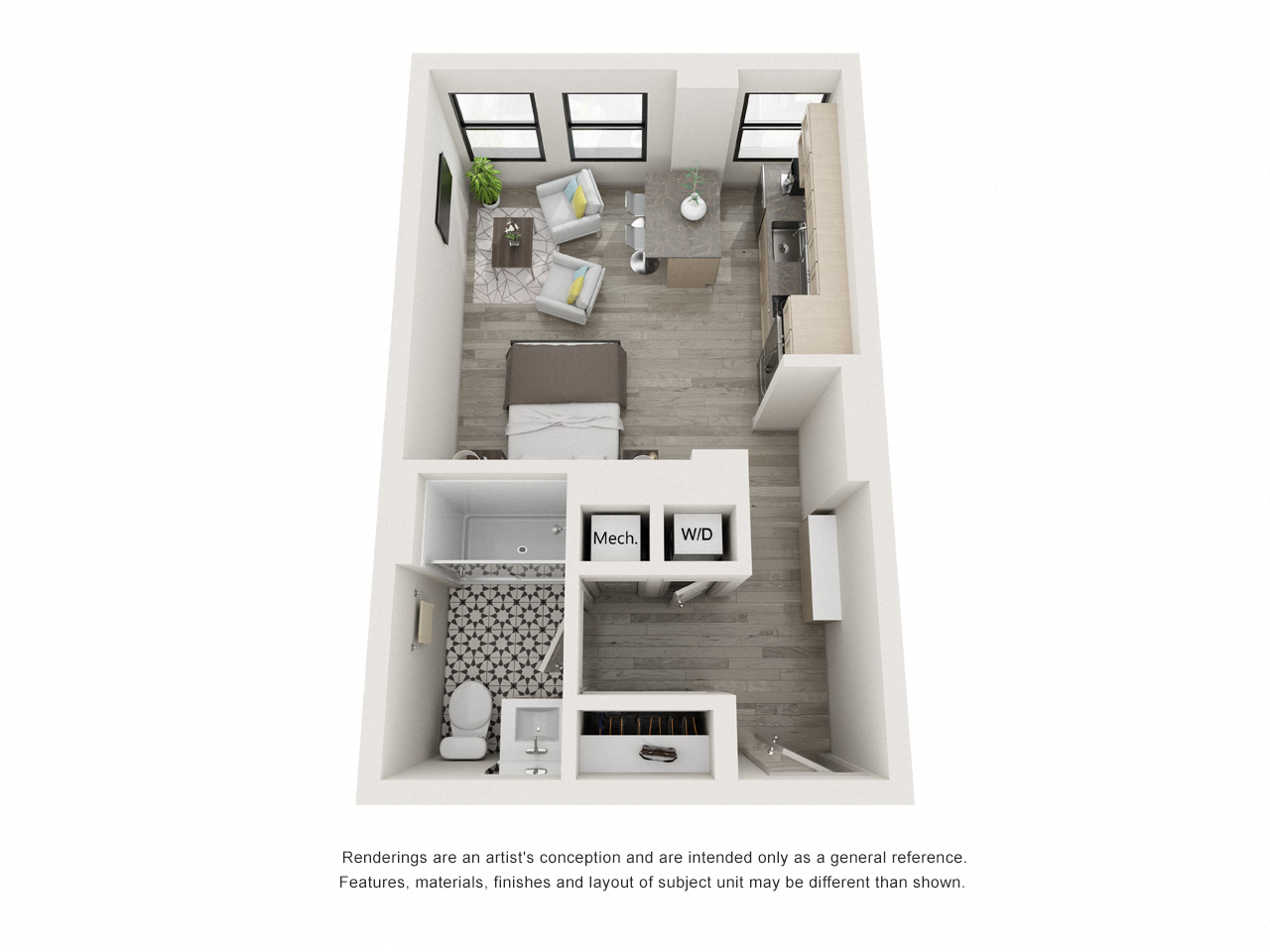 Floor plan for studio, 1 bath, 388 sqft